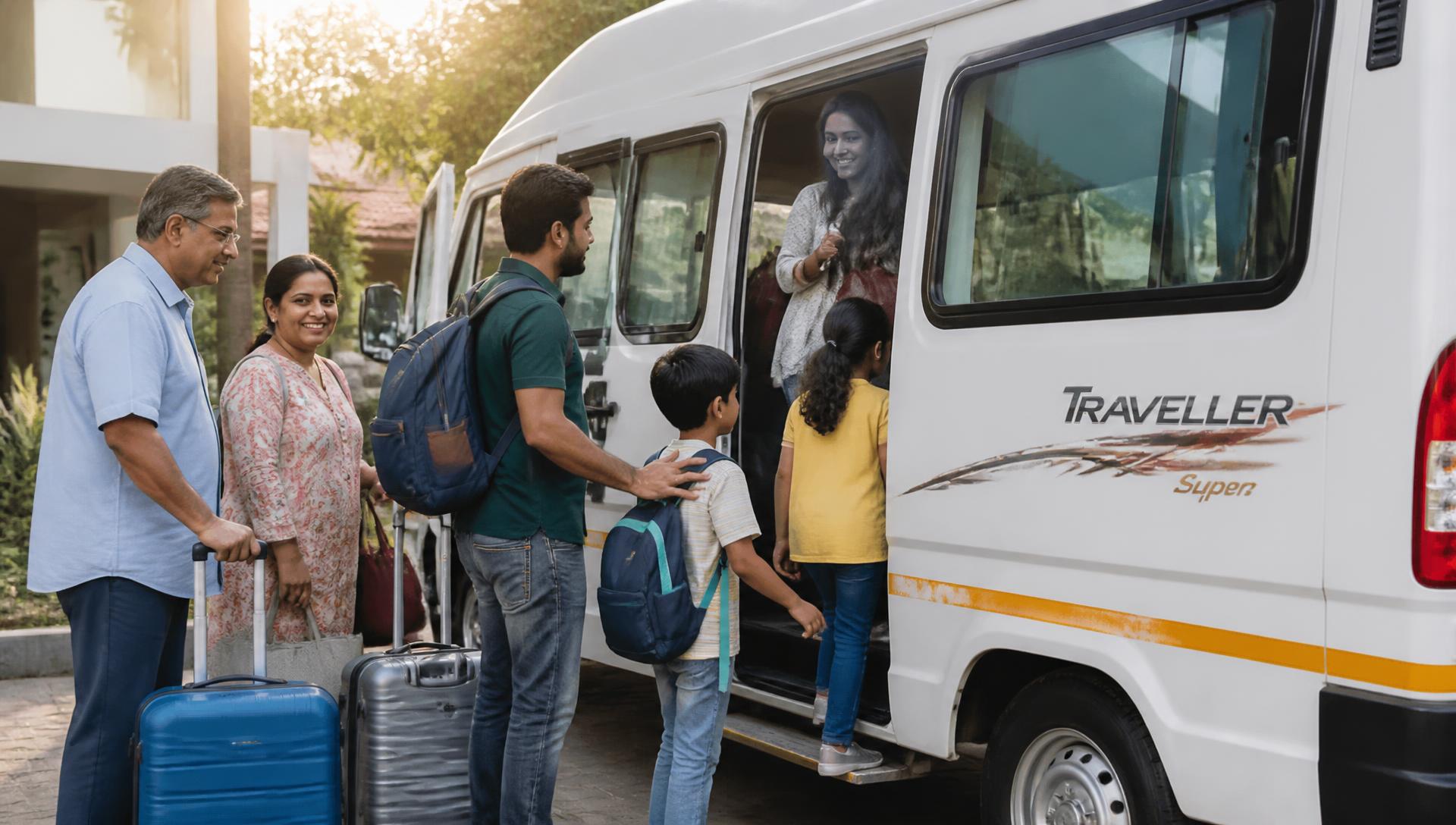 Indian family boarding an air-conditioned tempo traveller for a group tour